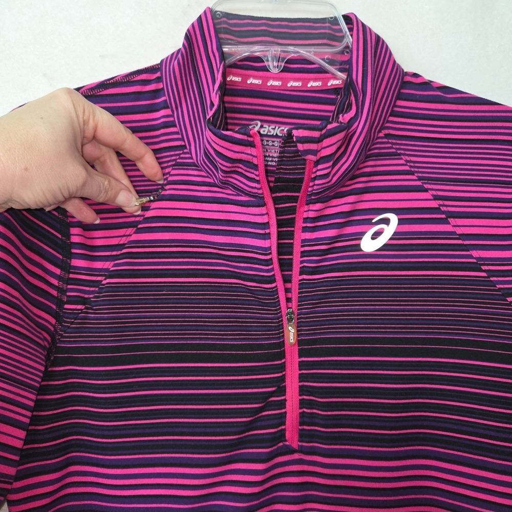 Asics Quarter Zip Pullover Women Large Pink Purple Striped Reflective Thumbholes - Picture 9 of 10